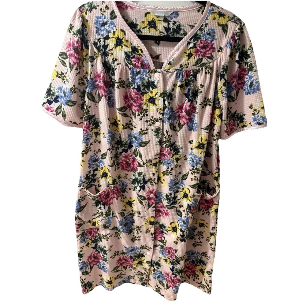 Adonna Women Waffle Pink Floral‎ Knit Housecoat Snap Up front Pockets Robe Sz-M